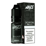 A 30ml bottle of Nasty Salt Silver Blend Nic Salt Vape Juice featuring sleek silver and white packaging, highlighting the refined tobacco flavor and Nasty Salt branding, crafted for use in nicotine salt vape devices